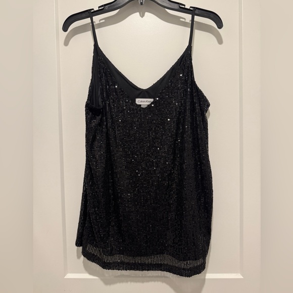 CALVIN KLEIN BLACK SEQUIN SPARKLY SPAGHETTI STRAP LINED TOP - Picture 1 of 5